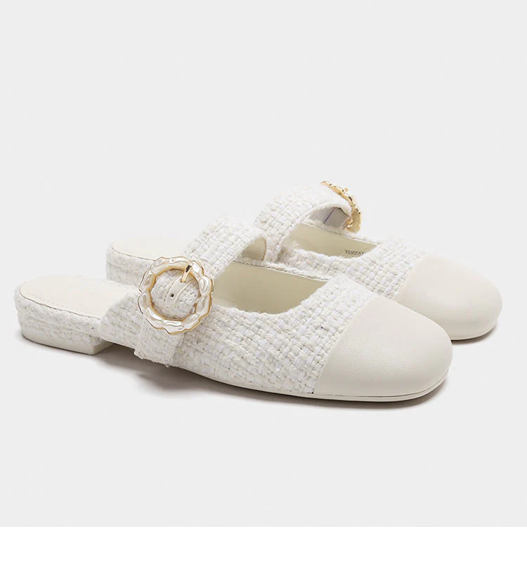 Tweed Pearl Buckle Mary Jane Mules