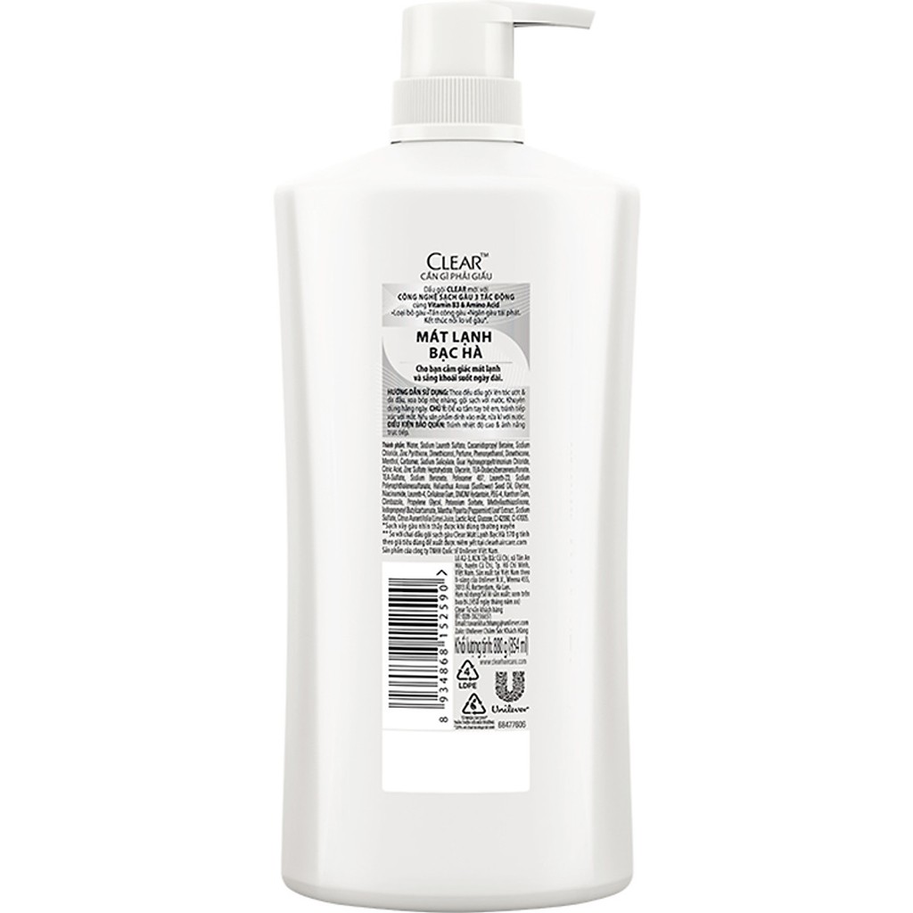 Clear Dầu Gội Mát Lạnh Bạc Hà Chai - 880G