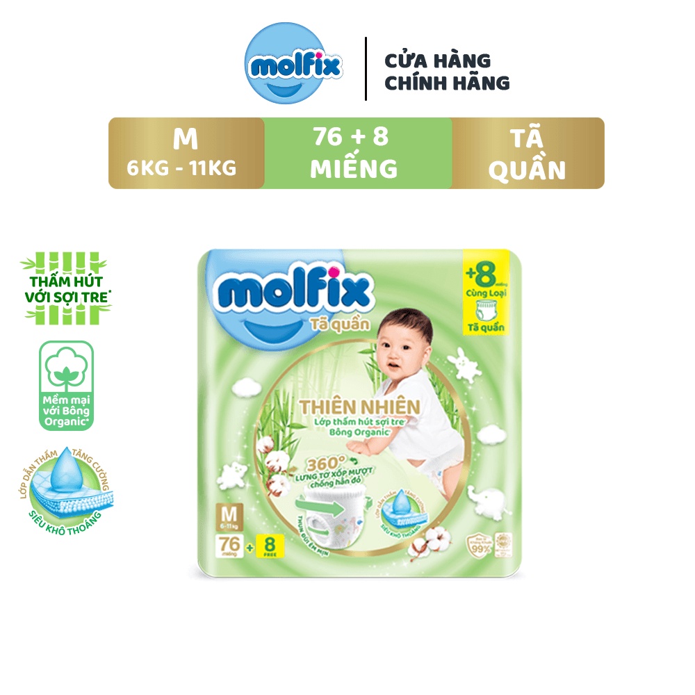 Tã/bỉm quần Molfix Thiên nhiên Ultra M (6kg - 11kg) - Gói 76+8 miếng