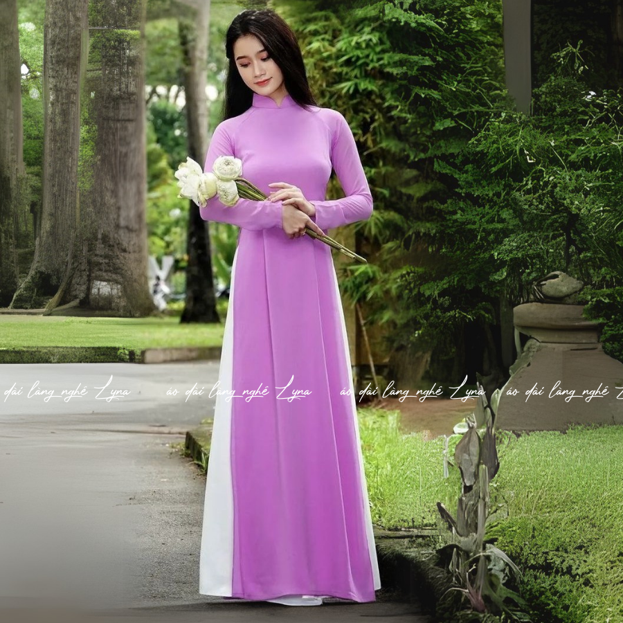 Áo Dài Màu Tím Cà Truyền Thống 4 Tà Chiffon Tay Dài Ôm Eo, Tôn Vóc Dáng Thanh Lịch Cuốn Hút