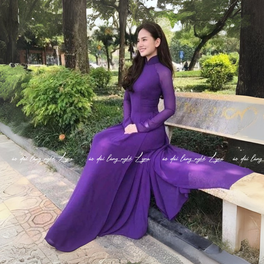 Áo Dài Màu Tím Huế Truyền Thống 4 Tà Chiffon Tay Dài Ôm Eo, Tôn Vóc Dáng Thanh Lịch Cuốn Hút