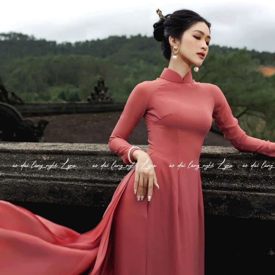 Áo Dài Màu Hồng Đỗ Truyền Thống 4 Tà Chiffon Tay Dài Ôm Eo, Tôn Vóc Dáng Thanh Lịch Cuốn Hút