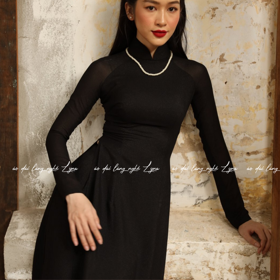 Áo Dài Màu Đen Tuyền Truyền Thống 4 Tà Chiffon Tay Dài Ôm Eo, Tôn Vóc Dáng Thanh Lịch Cuốn Hút