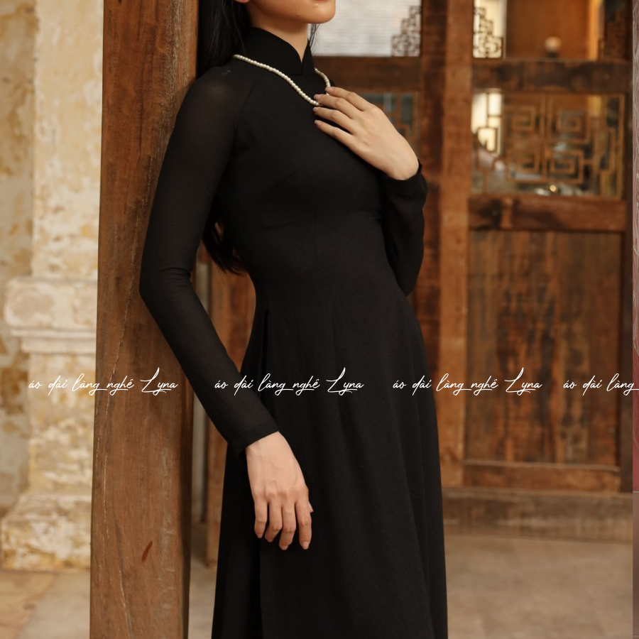 Áo Dài Màu Đen Tuyền Truyền Thống 4 Tà Chiffon Tay Dài Ôm Eo, Tôn Vóc Dáng Thanh Lịch Cuốn Hút