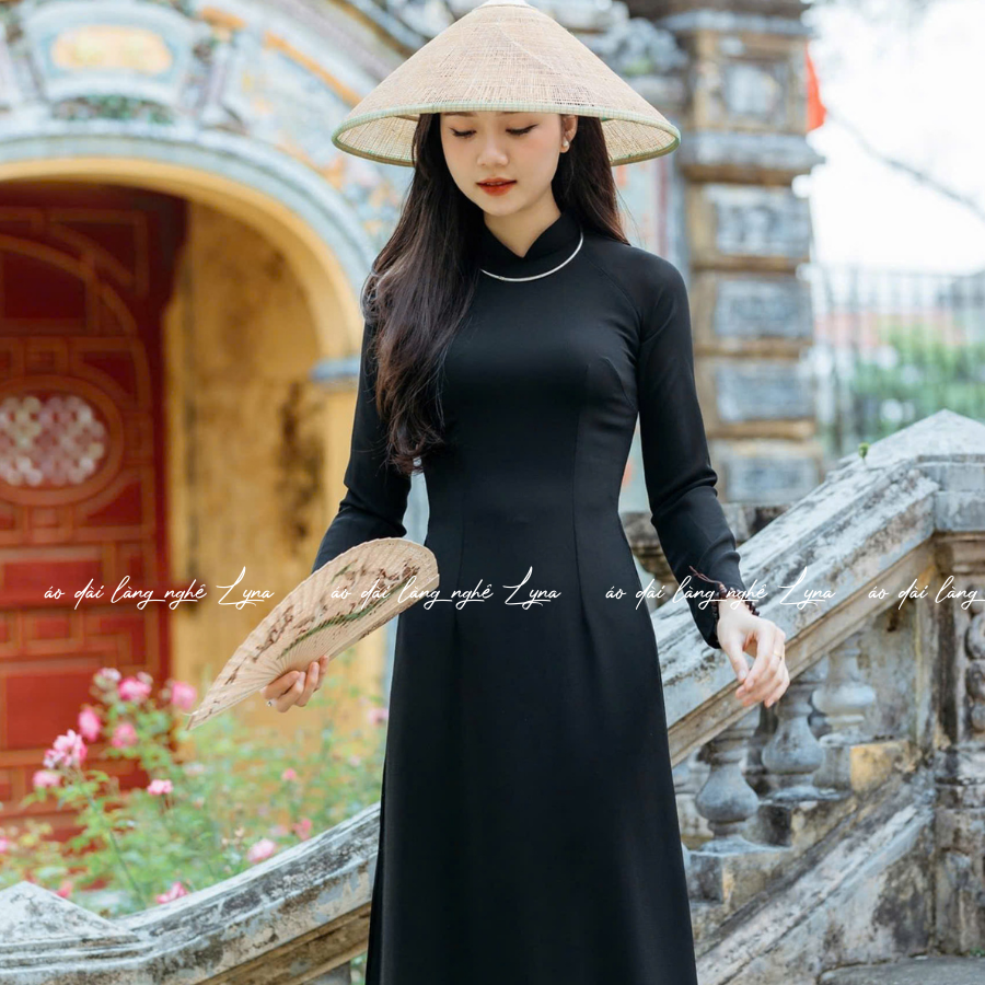 Áo Dài Màu Đen Tuyền Truyền Thống 4 Tà Chiffon Tay Dài Ôm Eo, Tôn Vóc Dáng Thanh Lịch Cuốn Hút