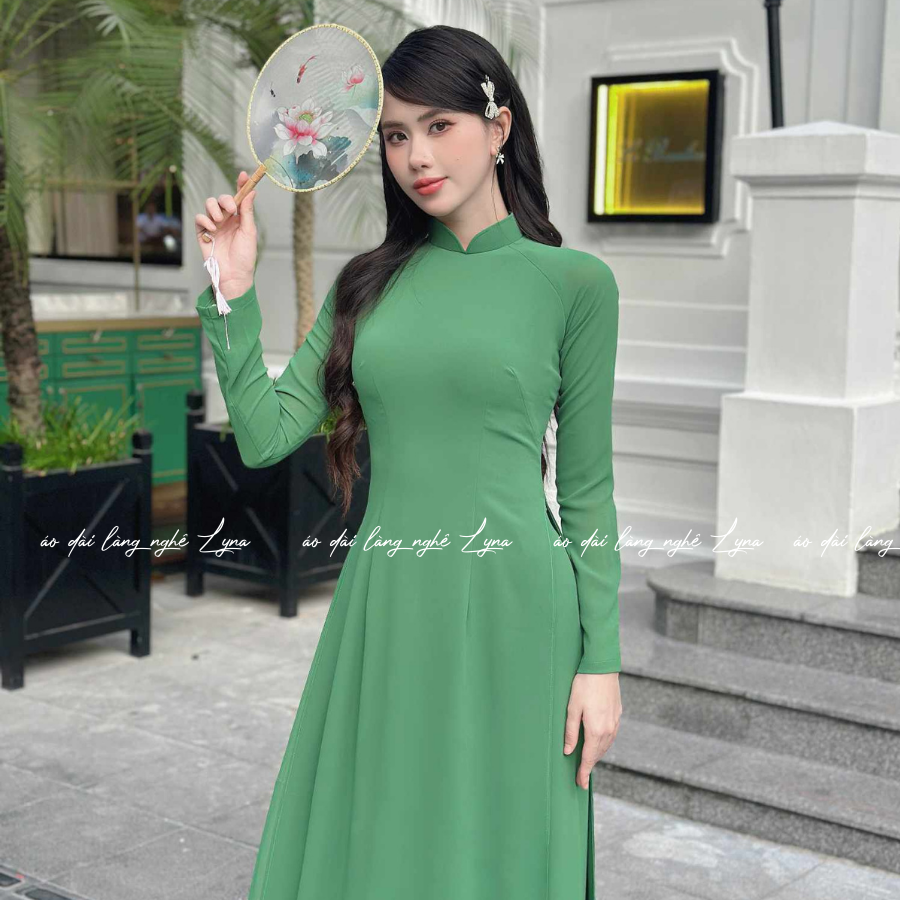 Áo Dài Màu Xanh Lá Truyền Thống 4 Tà Chiffon Tay Dài Ôm Eo, Tôn Vóc Dáng Thanh Lịch Cuốn Hút