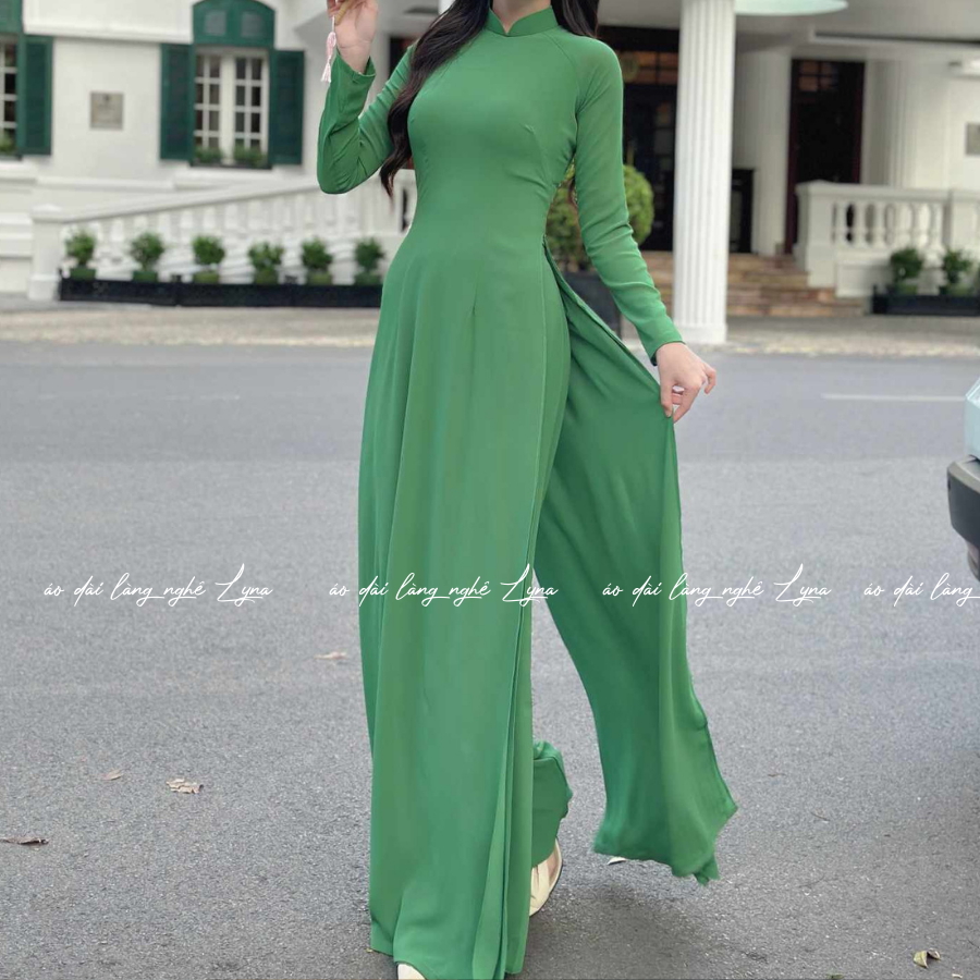 Áo Dài Màu Xanh Lá Truyền Thống 4 Tà Chiffon Tay Dài Ôm Eo, Tôn Vóc Dáng Thanh Lịch Cuốn Hút