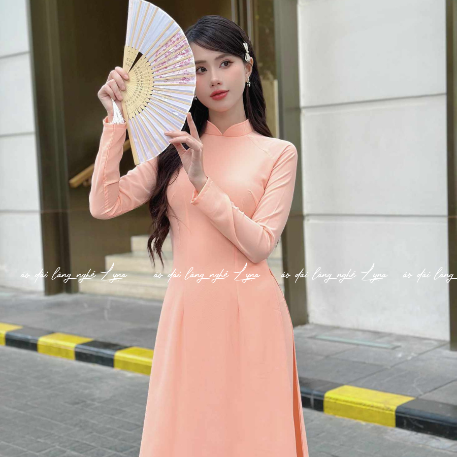 Áo Dài Màu Hồng Cam Truyền Thống 4 Tà Chiffon Tay Dài Ôm Eo, Tôn Vóc Dáng Thanh Lịch Cuốn Hút