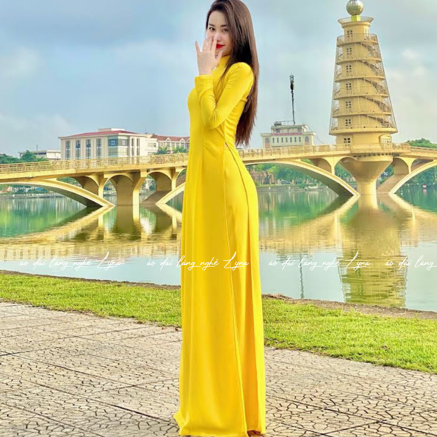 Áo Dài Màu Vàng Cúc Truyền Thống 4 Tà Chiffon Tay Dài Ôm Eo, Tôn Vóc Dáng Thanh Lịch Cuốn Hút