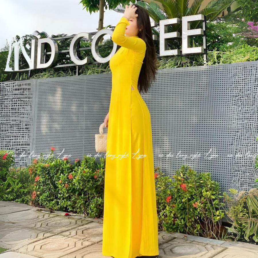 Áo Dài Màu Vàng Cúc Truyền Thống 4 Tà Chiffon Tay Dài Ôm Eo, Tôn Vóc Dáng Thanh Lịch Cuốn Hút