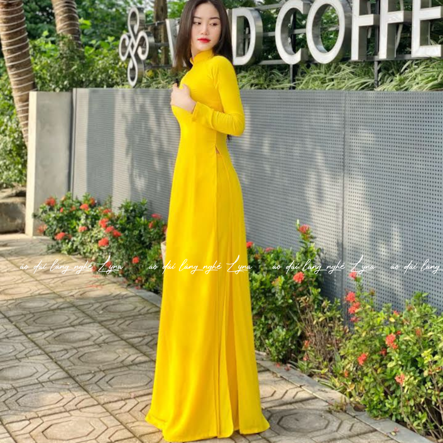 Áo Dài Màu Vàng Cúc Truyền Thống 4 Tà Chiffon Tay Dài Ôm Eo, Tôn Vóc Dáng Thanh Lịch Cuốn Hút