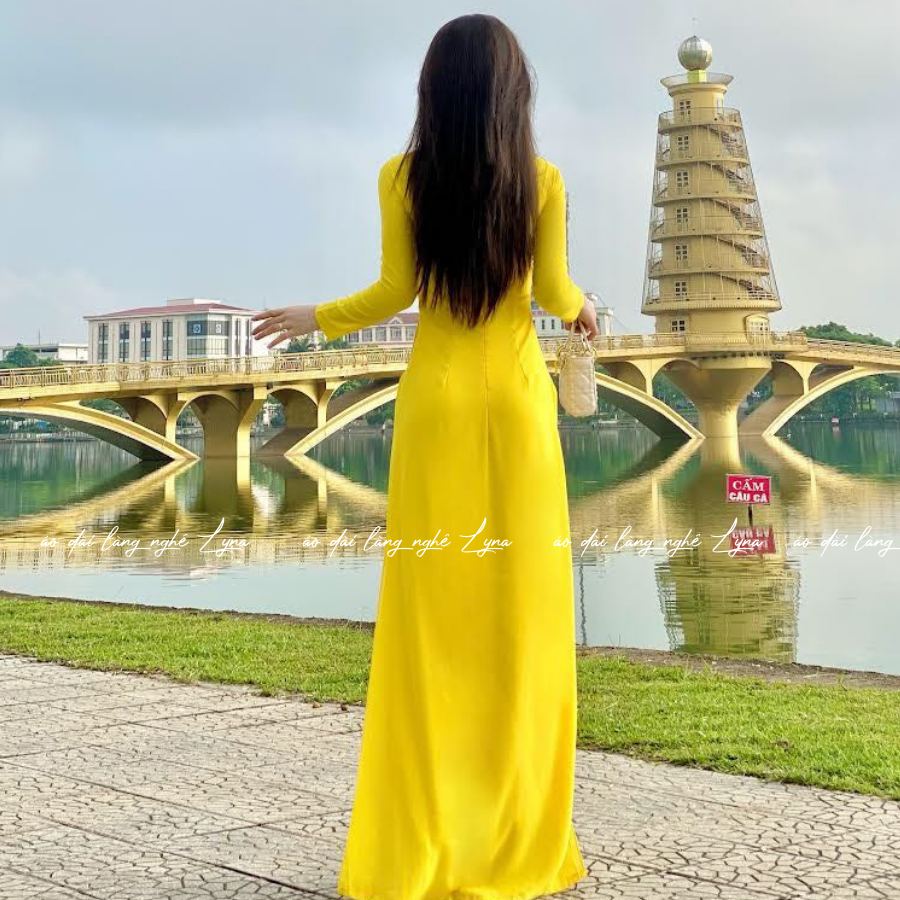 Áo Dài Màu Vàng Cúc Truyền Thống 4 Tà Chiffon Tay Dài Ôm Eo, Tôn Vóc Dáng Thanh Lịch Cuốn Hút