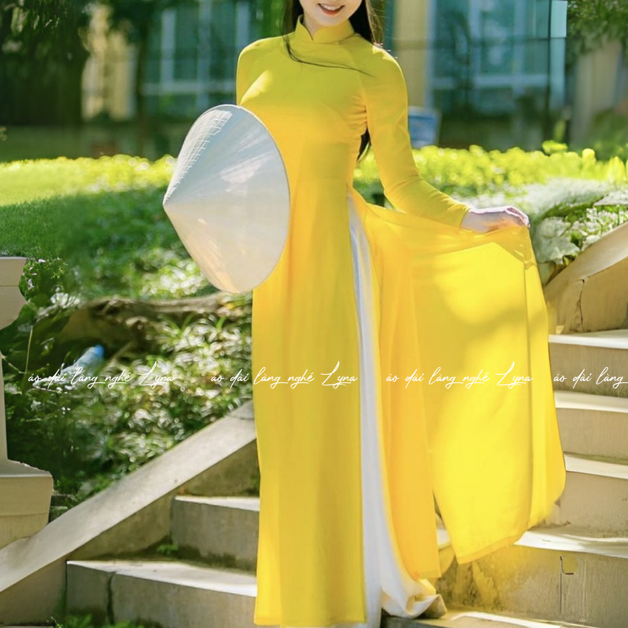 Áo Dài Màu Vàng Cúc Truyền Thống 4 Tà Chiffon Tay Dài Ôm Eo, Tôn Vóc Dáng Thanh Lịch Cuốn Hút