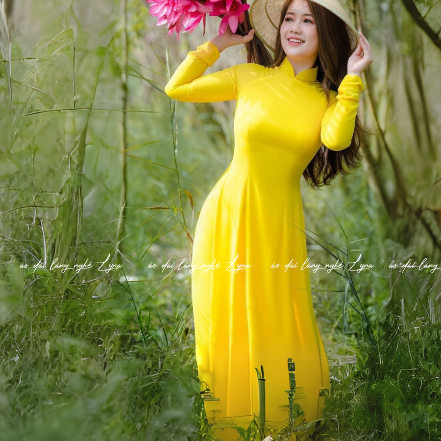 Áo Dài Màu Vàng Cúc Truyền Thống 4 Tà Chiffon Tay Dài Ôm Eo, Tôn Vóc Dáng Thanh Lịch Cuốn Hút