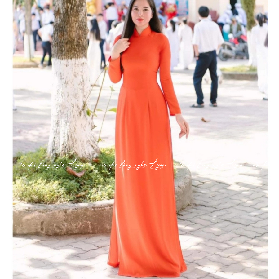 Áo Dài Đỏ Cam Truyền Thống 4 Tà Chiffon Tay Dài Ôm Eo, Tôn Vóc Dáng Thanh Lịch Cuốn Hút