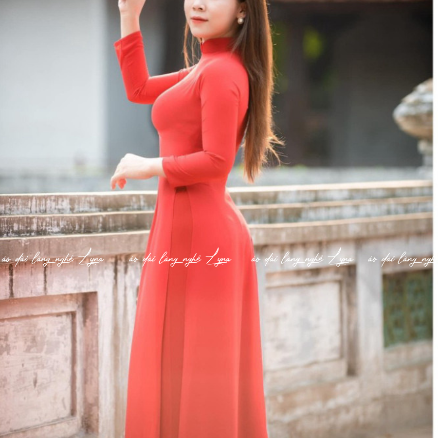 Áo Dài Đỏ Cam Truyền Thống 4 Tà Chiffon Tay Dài Ôm Eo, Tôn Vóc Dáng Thanh Lịch Cuốn Hút