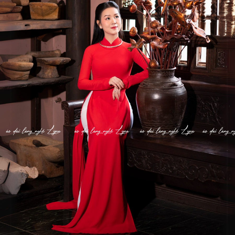 Áo Dài Màu Đỏ Truyền Thống 4 Tà Chiffon Tay Dài Ôm Eo, Tôn Vóc Dáng Thanh Lịch Cuốn Hút