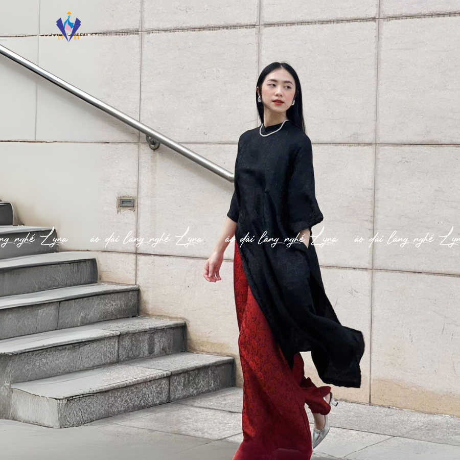 Áo Dài Gấm Đen Tuyền Nguyệt Dạ Dáng Suông Sang Trọng Quý Phái