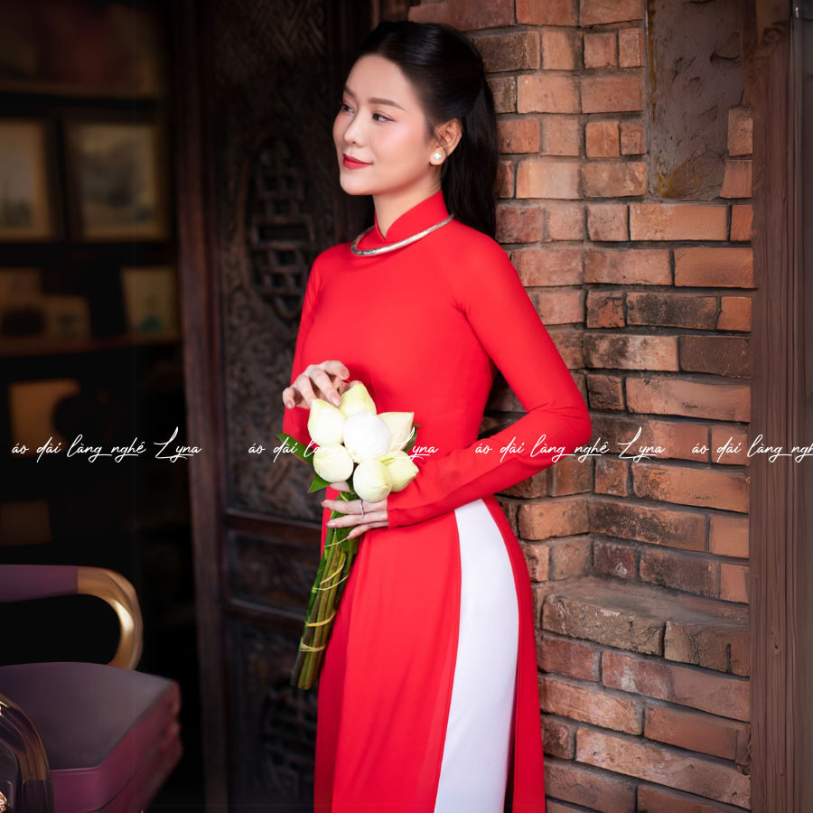 Áo Dài Màu Đỏ Truyền Thống 4 Tà Chiffon Tay Dài Ôm Eo, Tôn Vóc Dáng Thanh Lịch Cuốn Hút