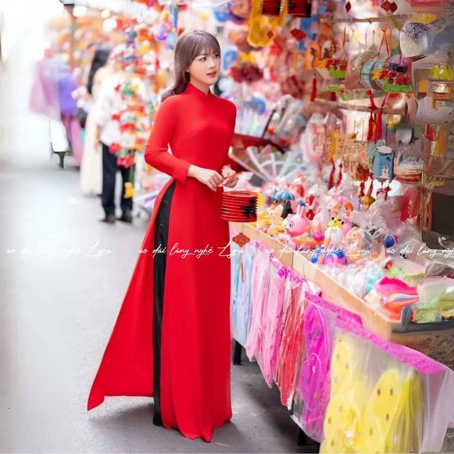 Áo Dài Màu Đỏ Truyền Thống 4 Tà Chiffon Tay Dài Ôm Eo, Tôn Vóc Dáng Thanh Lịch Cuốn Hút