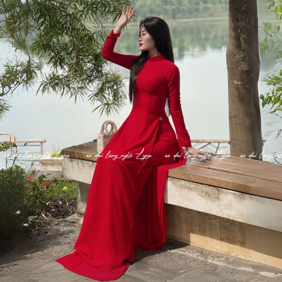 Áo Dài Màu Đỏ Truyền Thống 4 Tà Chiffon Tay Dài Ôm Eo, Tôn Vóc Dáng Thanh Lịch Cuốn Hút