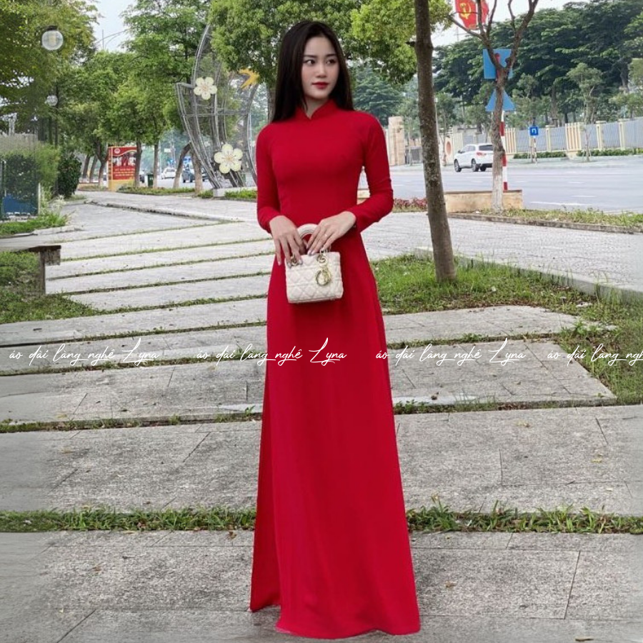 Áo Dài Màu Đỏ Truyền Thống 4 Tà Chiffon Tay Dài Ôm Eo, Tôn Vóc Dáng Thanh Lịch Cuốn Hút