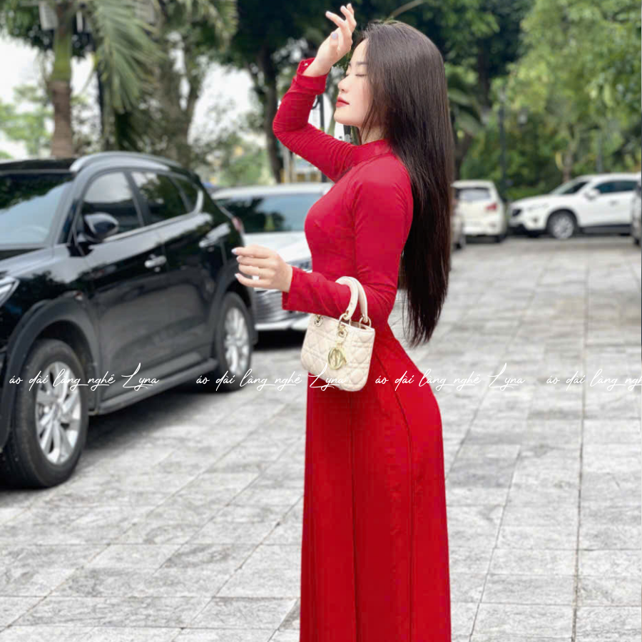 Áo Dài Màu Đỏ Truyền Thống 4 Tà Chiffon Tay Dài Ôm Eo, Tôn Vóc Dáng Thanh Lịch Cuốn Hút