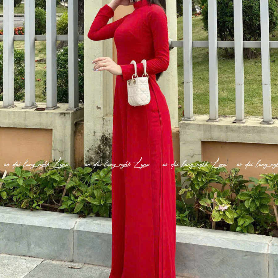 Áo Dài Màu Đỏ Truyền Thống 4 Tà Chiffon Tay Dài Ôm Eo, Tôn Vóc Dáng Thanh Lịch Cuốn Hút