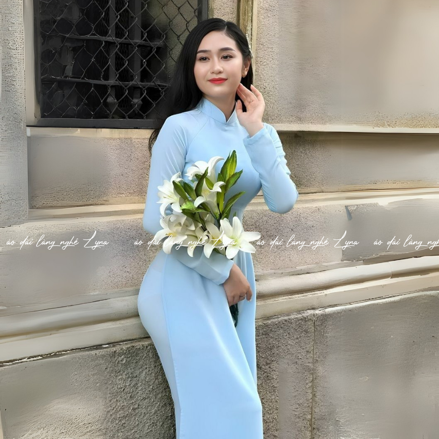 Áo Dài Màu Xanh Dương Truyền Thống 4 Tà Chiffon Tay Dài Ôm Eo, Tôn Vóc Dáng Thanh Lịch Cuốn Hút
