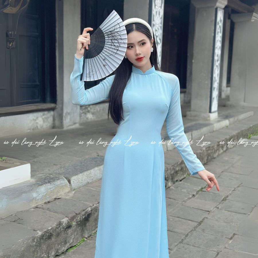 Áo Dài Màu Xanh Dương Truyền Thống 4 Tà Chiffon Tay Dài Ôm Eo, Tôn Vóc Dáng Thanh Lịch Cuốn Hút