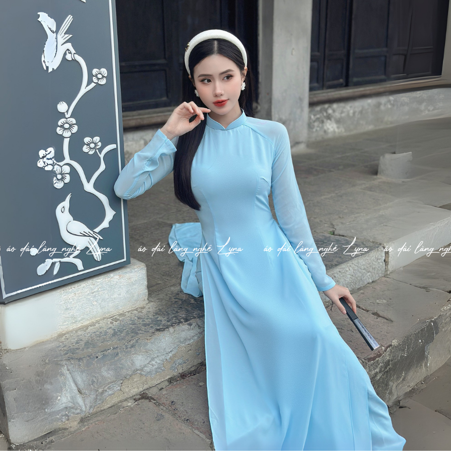 Áo Dài Màu Xanh Dương Truyền Thống 4 Tà Chiffon Tay Dài Ôm Eo, Tôn Vóc Dáng Thanh Lịch Cuốn Hút
