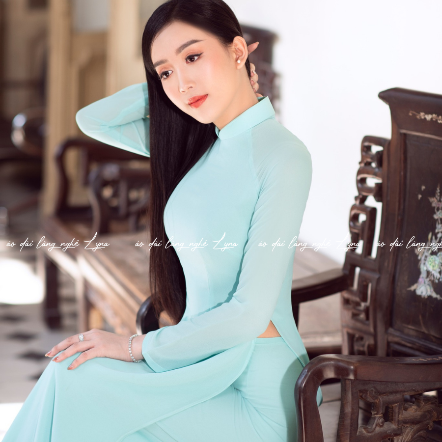 Áo Dài Màu Xanh Ngọc Truyền Thống 4 Tà Chiffon Tay Dài Ôm Eo, Tôn Vóc Dáng Thanh Lịch Cuốn Hút