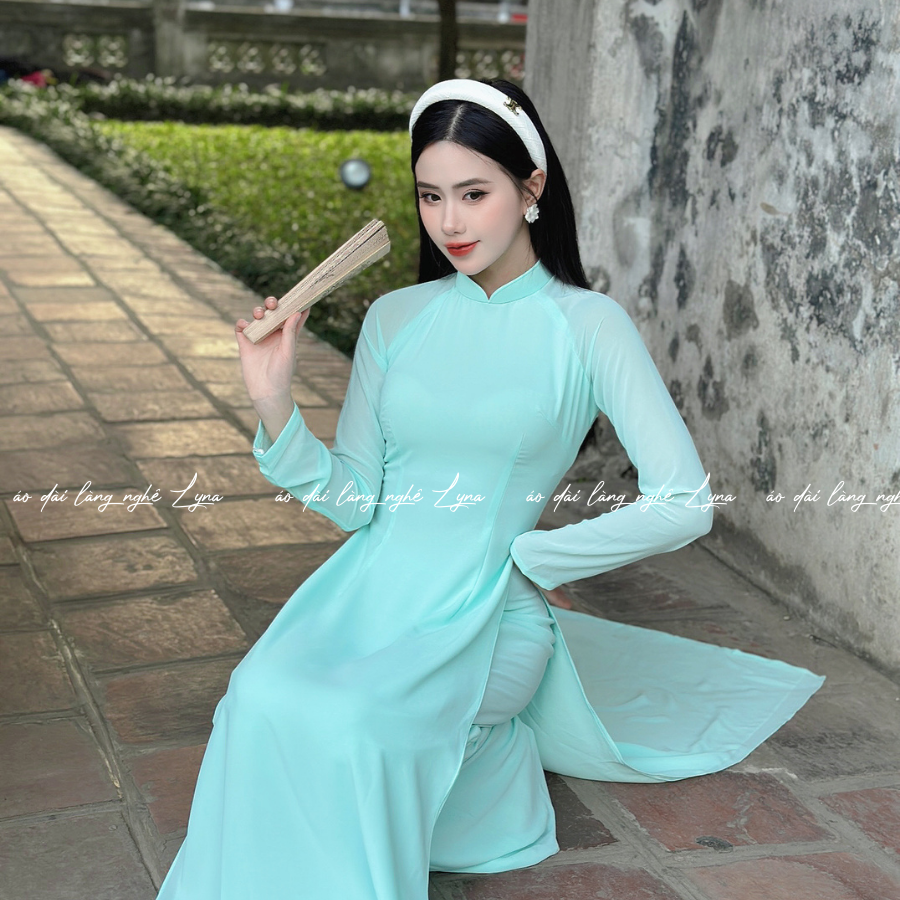 Áo Dài Màu Xanh Ngọc Truyền Thống 4 Tà Chiffon Tay Dài Ôm Eo, Tôn Vóc Dáng Thanh Lịch Cuốn Hút