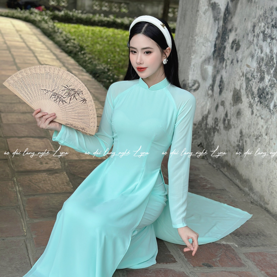 Áo Dài Màu Xanh Ngọc Truyền Thống 4 Tà Chiffon Tay Dài Ôm Eo, Tôn Vóc Dáng Thanh Lịch Cuốn Hút