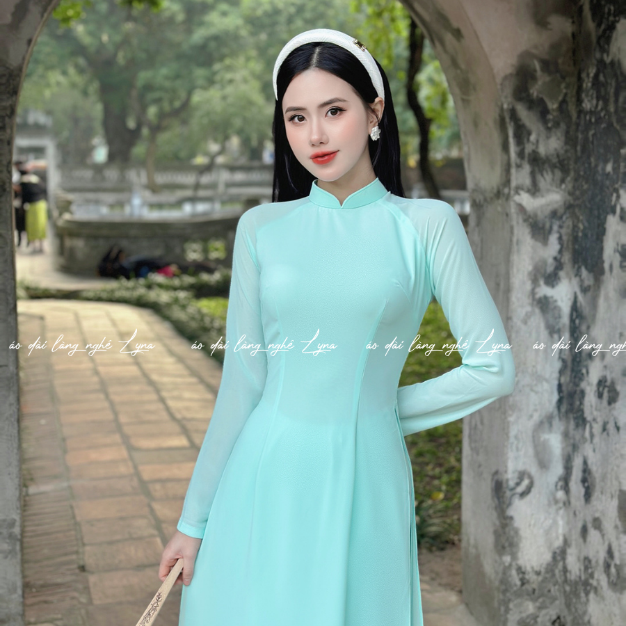 Áo Dài Màu Xanh Ngọc Truyền Thống 4 Tà Chiffon Tay Dài Ôm Eo, Tôn Vóc Dáng Thanh Lịch Cuốn Hút
