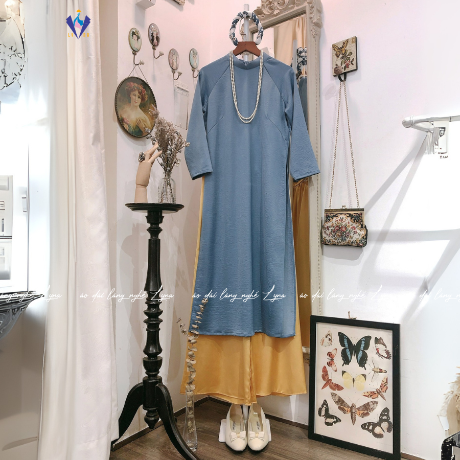 Áo Dài Xưa Màu Xanh Dương, Áo Dài Dáng Suông Vải Lụa Mềm Mịn Cổ 2,5 Phân Tay Lỡ Phong Cách Cổ Điển Và Hiện Đại | Áo dài Lyna