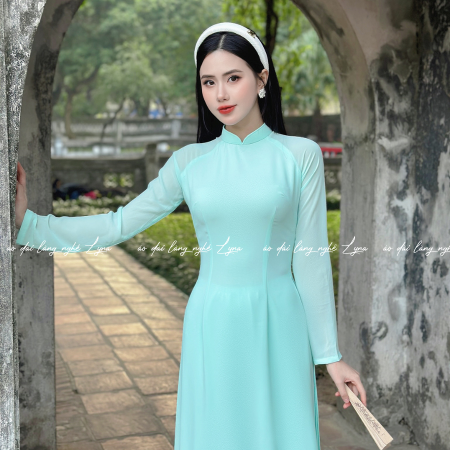 Áo Dài Màu Xanh Ngọc Truyền Thống 4 Tà Chiffon Tay Dài Ôm Eo, Tôn Vóc Dáng Thanh Lịch Cuốn Hút