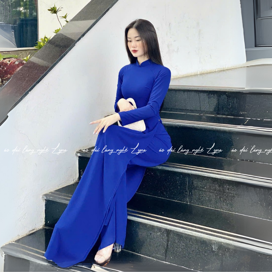 Áo Dài Màu Xanh Coban, Áo Dài Đoàn Truyền Thống 4 Tà Chiffon Tay Dài Ôm Eo, Tôn Vóc Dáng Thanh Lịch Cuốn Hút