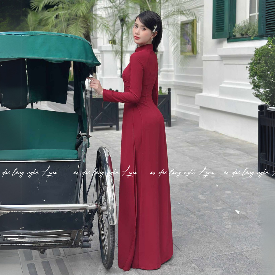 Áo Dài Màu Đỏ Đô Truyền Thống 4 Tà Chiffon Tay Dài Ôm Eo, Tôn Vóc Dáng Thanh Lịch Cuốn Hút
