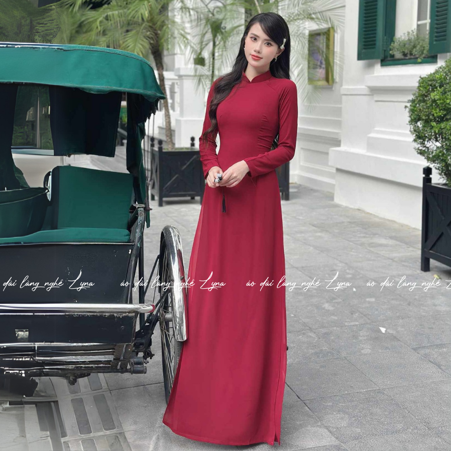 Áo Dài Màu Đỏ Đô Truyền Thống 4 Tà Chiffon Tay Dài Ôm Eo, Tôn Vóc Dáng Thanh Lịch Cuốn Hút