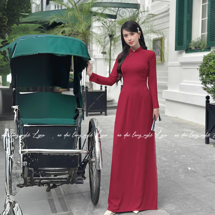 Áo Dài Màu Đỏ Đô Truyền Thống 4 Tà Chiffon Tay Dài Ôm Eo, Tôn Vóc Dáng Thanh Lịch Cuốn Hút