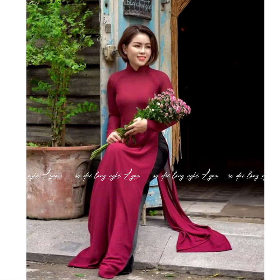 Áo Dài Màu Đỏ Đô Truyền Thống 4 Tà Chiffon Tay Dài Ôm Eo, Tôn Vóc Dáng Thanh Lịch Cuốn Hút