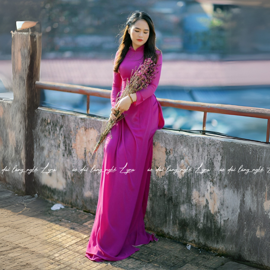 Áo Dài Màu Tím Cẩm Truyền Thống 4 Tà Chiffon Tay Dài Ôm Eo, Tôn Vóc Dáng Thanh Lịch Cuốn Hút