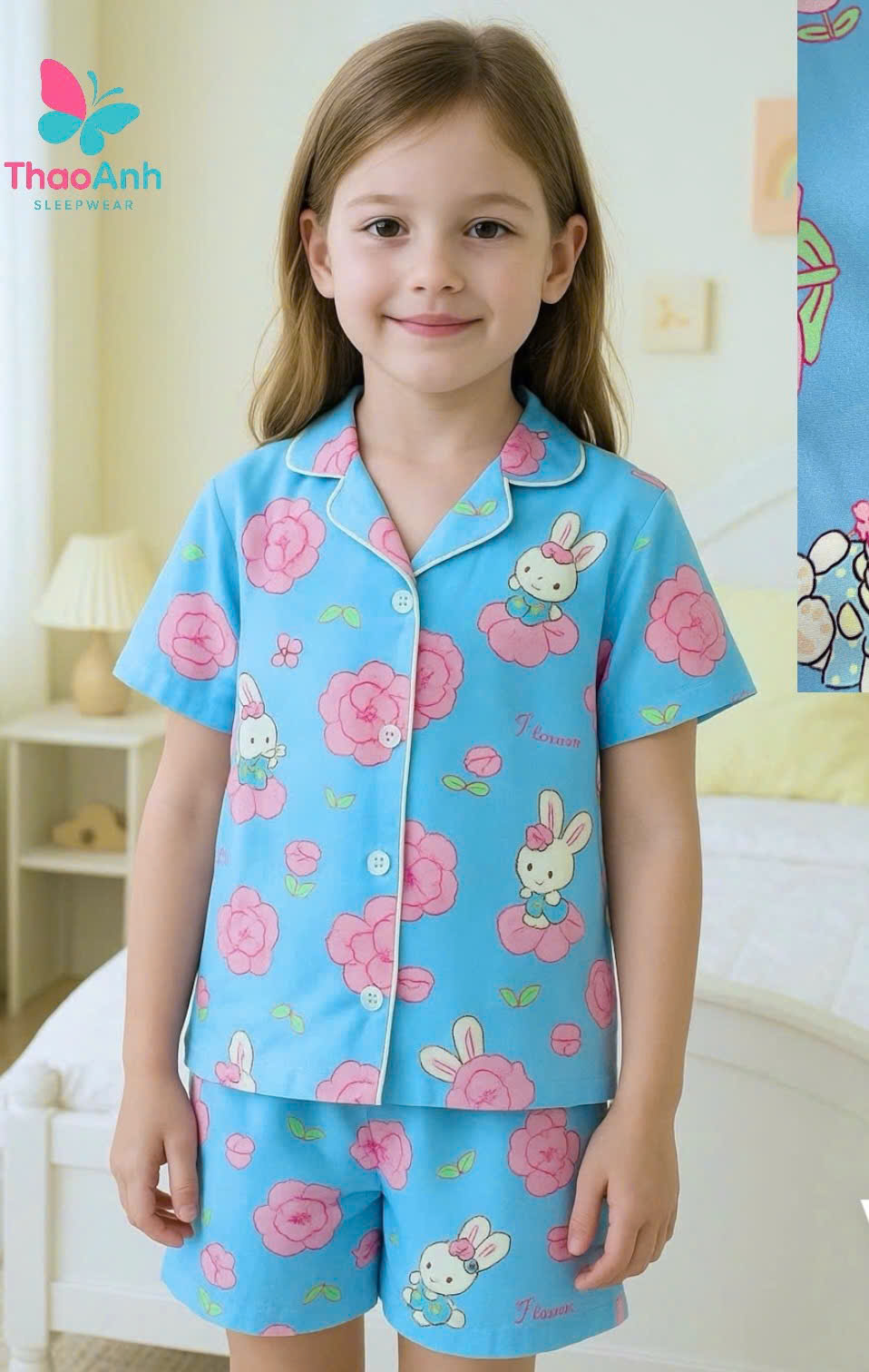 Bộ pijama bé gái vải lụa 3D mềm mại họa tiết thỏ bông cực dễ thương | Đồ ngủ trẻ em cao cấp, thoáng mát