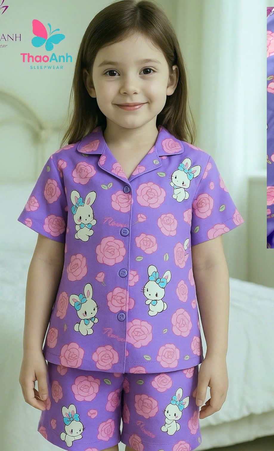 Bộ pijama bé gái vải lụa 3D mềm mại họa tiết thỏ bông cực dễ thương | Đồ ngủ trẻ em cao cấp, thoáng mát