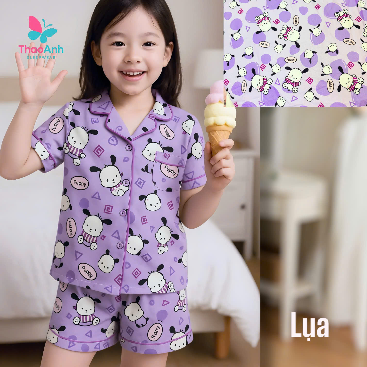 Bộ đùi bận nhà Pijama vải lụa 3D siêu mát cho bé gái - Đủ Size