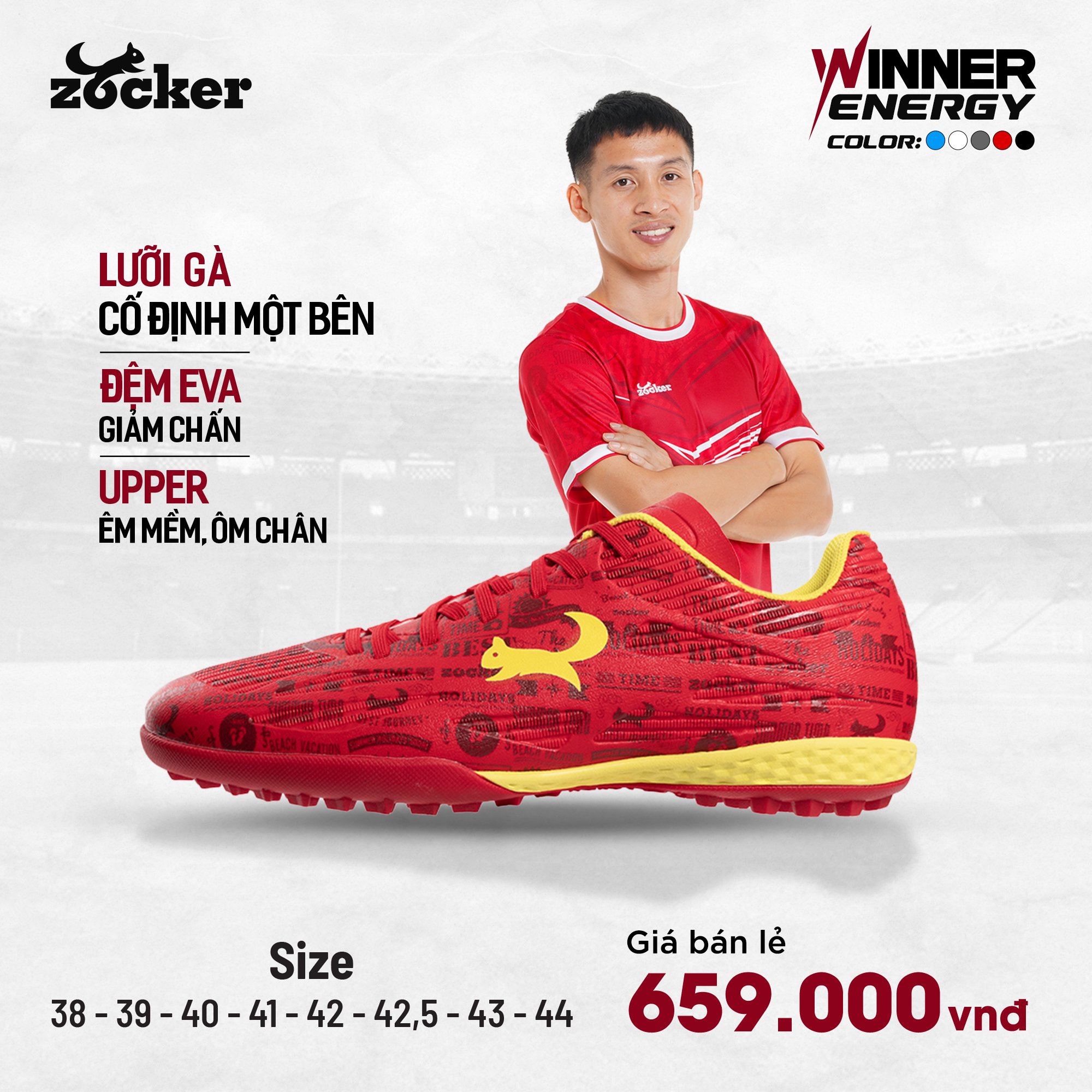 GIÀY BÓNG ĐÁ ZOCKER WINNER ENERGY - ĐỎ/VÀNG