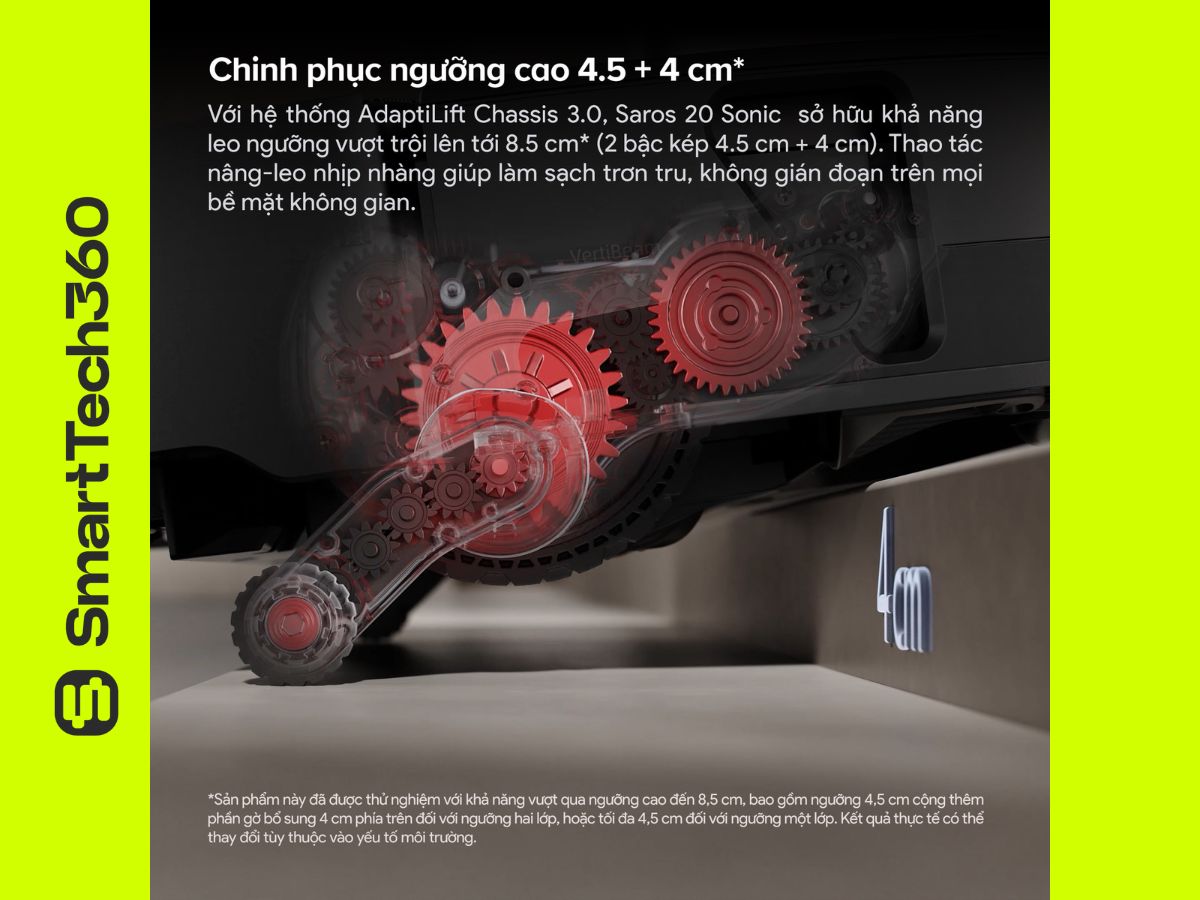 Công nghệ AdaptLift Chassis 3.0 trên Roborock Saros 20 Sonic giúp robot vượt gờ cao 4cm dễ dàng