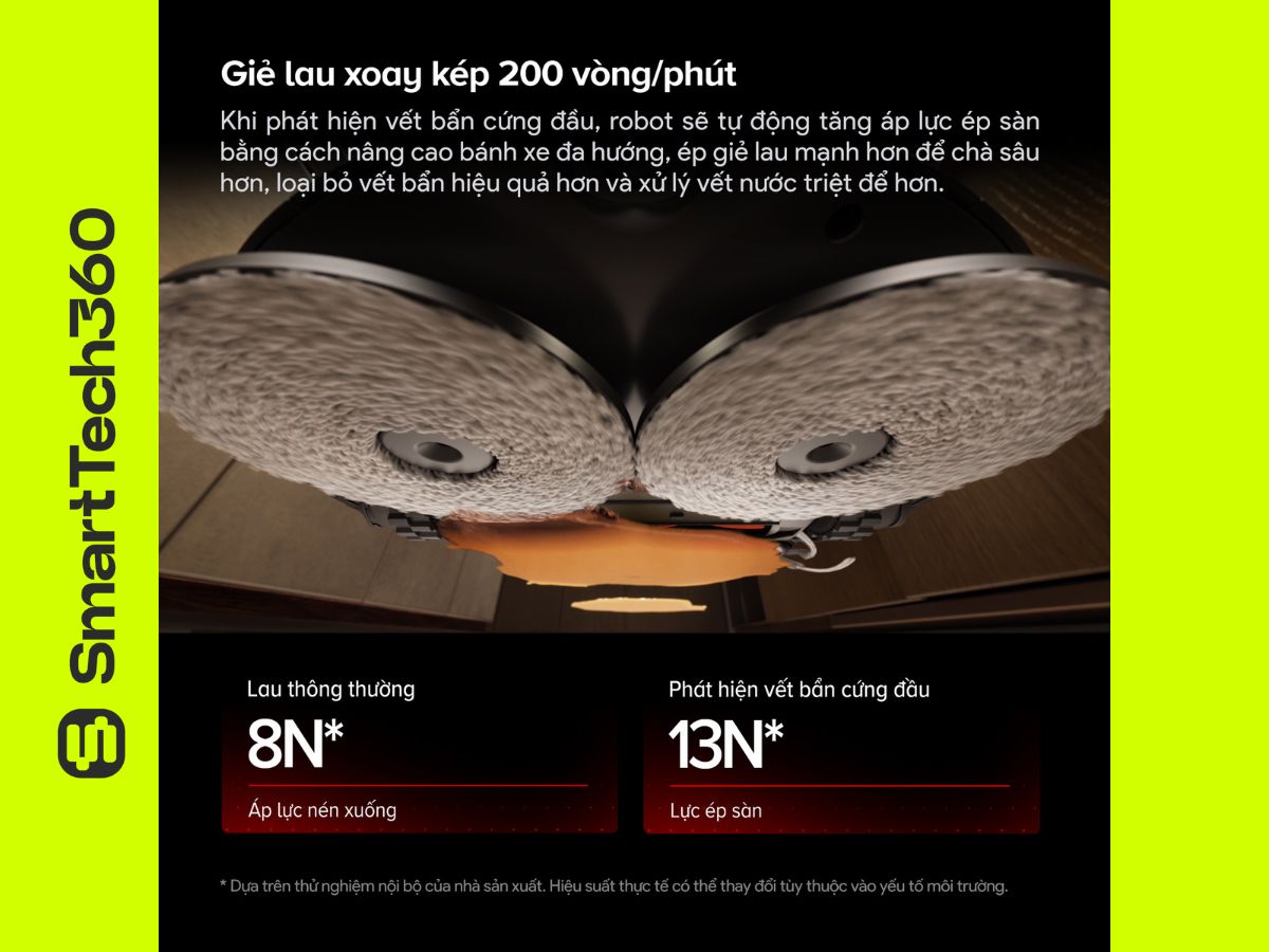 Roborock Saros 20 sử dụng giẻ lau xoay kép 200 vòng trên phút