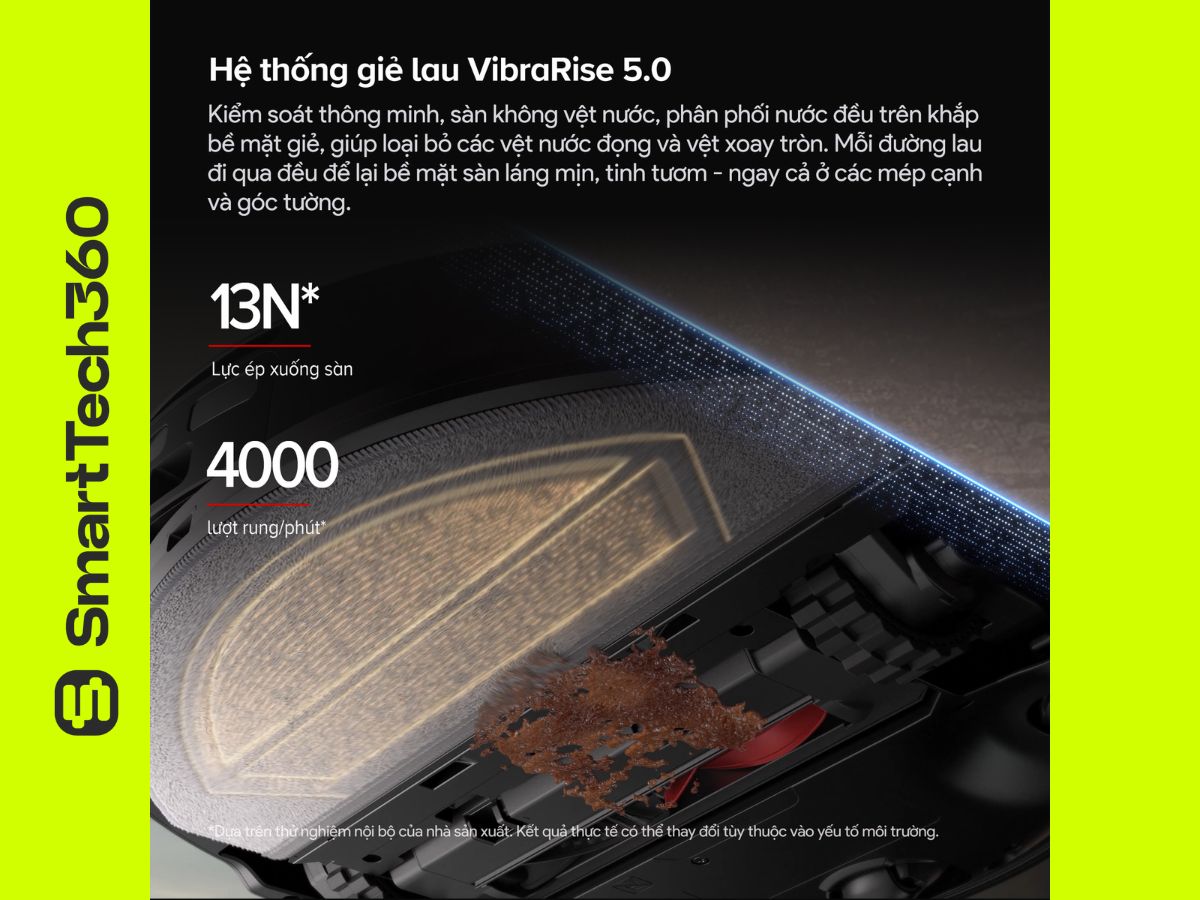 Hệ thống lau rung VibraRise 5.0 và giẻ lau vươn rộng trên Roborock Saros 20 Sonic